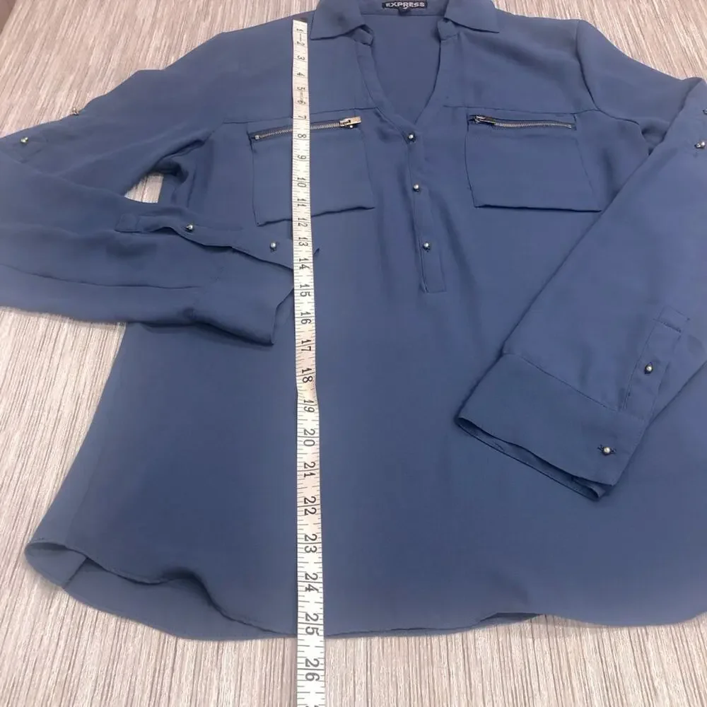 Express Blue Two Front Zip Pockets V Neck Breezy Popover Blouse Roll Tab Sleeve